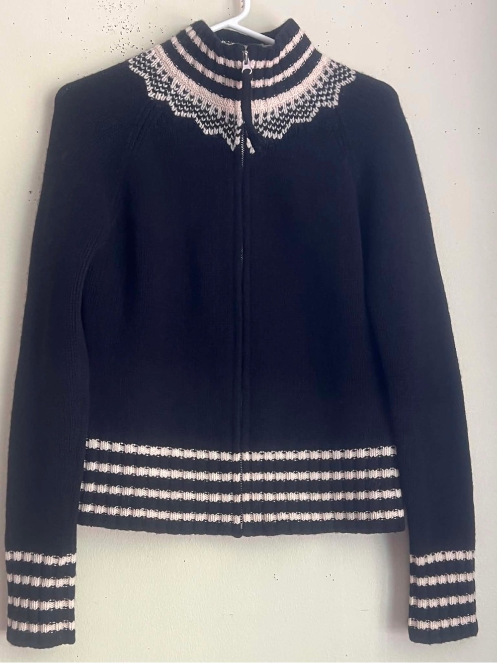 GAP Zip-Up Cardigan with Black & White Fair Isle Trim
